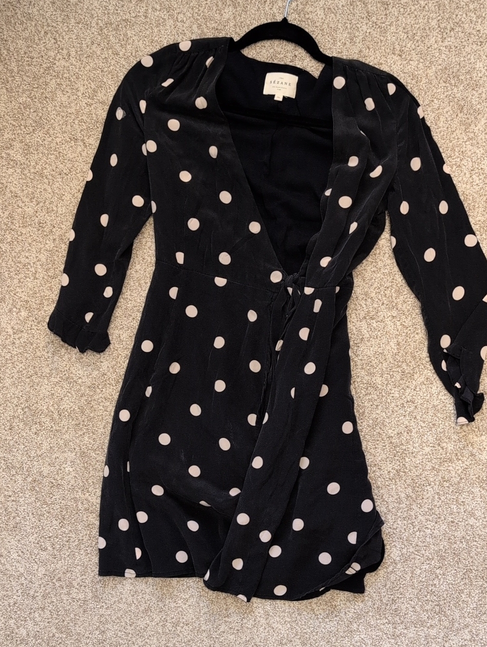 🌻 Sezane, Silk, Black Mini Dress with Cream Polka Dots